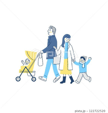笑顔で歩く冬服の4人家族 122722520