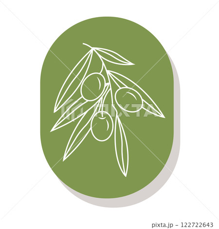 Olive branch in doodle style on oval badge. White line on olive background. Vector illustration isolated on white background. 122722643