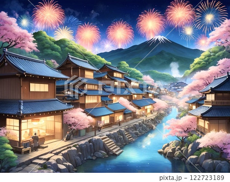 花火が上がる春の観光地 122723189