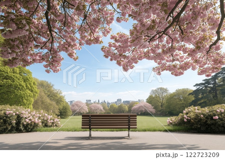 Blossoming cherry trees create a serene atmosphere over a vacant bench in a city park under a clear blue sky. Generative AI 122723209