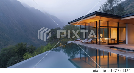 Luxurious mountain retreat at dusk with stunning views and serene ambiance overlooking the natural landscape. Generative AI 122723324