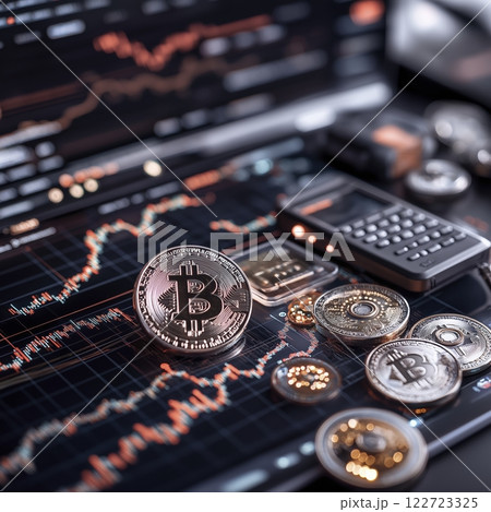 Cryptocurrency analysis on a digital screen showcasing Bitcoin and other coins alongside a calculator at dusk. Generative AI 122723325