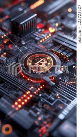 Discovering the intricate beauty of a Bitcoin mining motherboard illuminated in vibrant red tones during late night hours. Generative AI 122723327