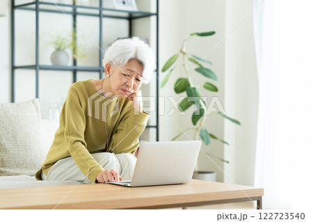 リビングでパソコンを使うシニアの女性 122723540