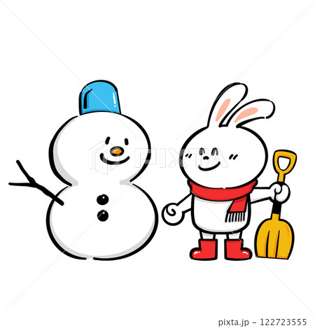 雪だるまとスコップを持った白うさぎ 122723555