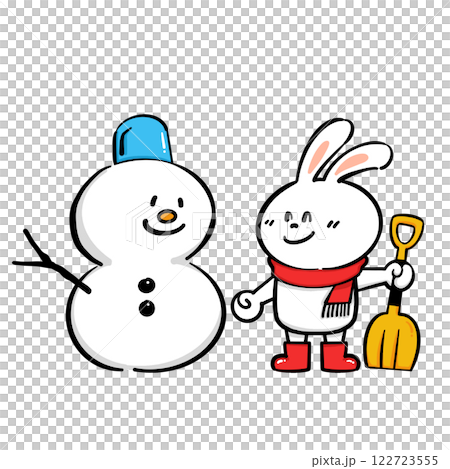 雪だるまとスコップを持った白うさぎ 122723555