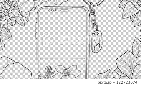 coloring page for adults, outline no color fill frame, phone screen, phone with key rings from 2000 122723674