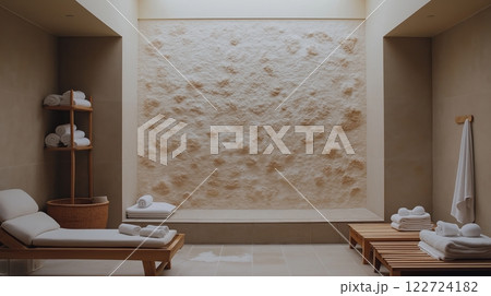 Serene salt therapy room featuring illuminated salt wall and inviting wooden loungers in a modern spa design perfect for relaxation 122724182