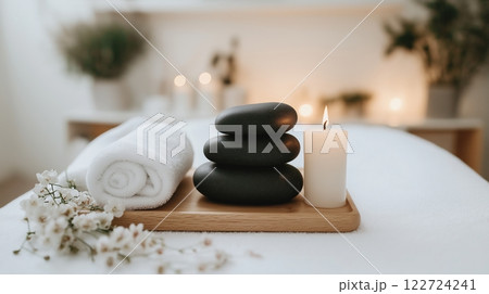 Relaxing spa setting with smooth black stones and calming ambiance for a perfect Valentines Day getaway Relaxing spa setting with smooth black stones and calming ambiance for a perfect Valentines Day getaway 122724241