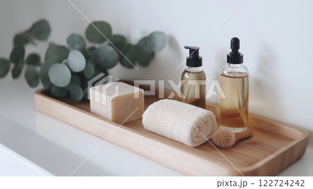Spa essentials displayed on a reclaimed wood tray with natural elements for a relaxing atmosphere on Valentines Day Spa essentials displayed on a reclaimed wood tray with natural elements for a relaxing atmosphere on Valentines Day 122724242