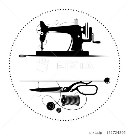 Sewing and cutting salon, sewing machine and needle with thread 122724295