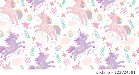 Seamless pattern with cute doodle unicorn vector backdrop Seamless pattern with cute doodle unicorn vector backdrop 122724391