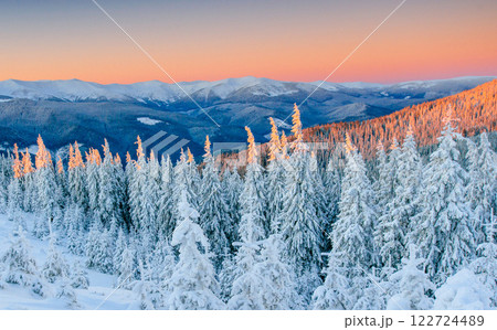 Mysterious winter landscape majestic mountains in winter. Magical winter snow covered tree. Winter road in the mountains. In anticipation of the holiday. Dramatic wintry scene. Carpathian. Ukraine Mysterious winter landscape majestic mountains in winter. Magical winter snow covered tree. Winter road in the mountains. In anticipation of the holiday. Dramatic wintry scene. Carpathian. Ukraine 122724489