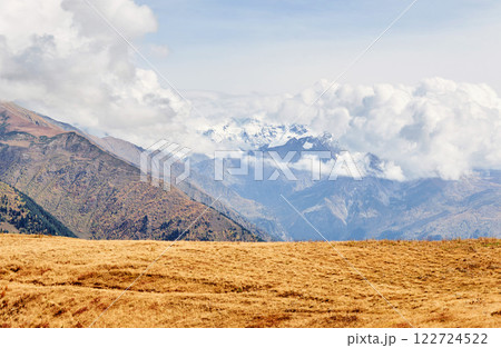 Thick fog on the mountain pass Goulet. Autumn Landscape. Georgia, Svaneti. Caucasus mountains Thick fog on the mountain pass Goulet. Autumn Landscape. Georgia, Svaneti. Caucasus mountains 122724522