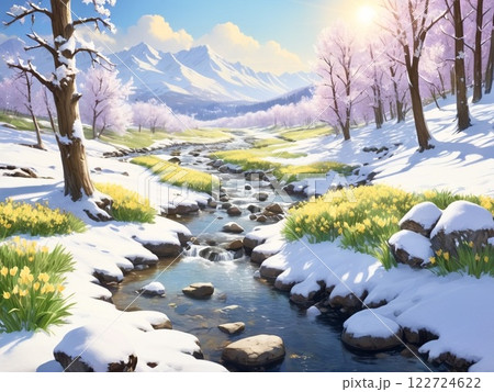 春の小川と春の日光のイラスト素材 [122724622] - PIXTA