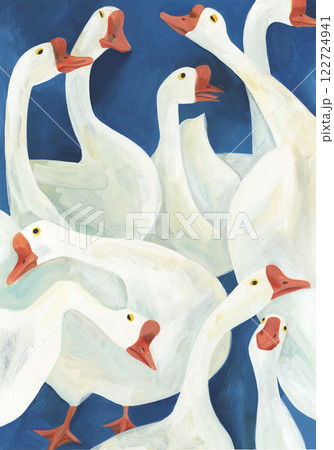 水彩絵の具で描いたガチョウの群れのイラストレーション 122724941