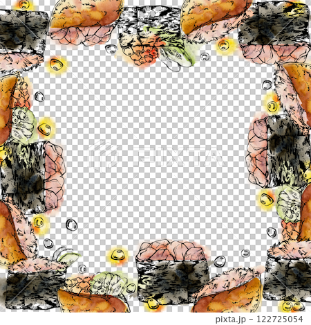 Traditional Japanese food, gunkan inari sushi with raw fish salmon tuna crab, caviar cucumber ginger hand drawn in watercolor, ink. Square border frame for restaurant, cafe menu, kitchen, recipe book 122725054
