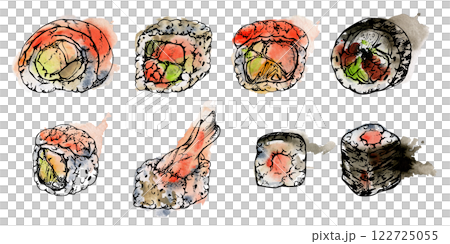 Traditional Japanese food, california philadelphia alaska sushi rolls with raw fish salmon unagi tuna shrimp, hand drawn in watercolor and ink. Set of elements for restaurant, cafe menu, recipe book Traditional Japanese food, california philadelphia alaska sushi rolls with raw fish salmon unagi tuna shrimp, hand drawn in watercolor and ink. Set of elements for restaurant, cafe menu, recipe book 122725055