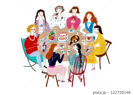 手描きイラスト　テーブルを囲んでおしゃべりする女性たち 122726146