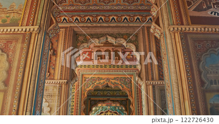 Jaipur, Rajasthan, India. Patrika Gate at Jawahar Circle. Interior inside, many Colorful ornament patterns on old walls. old Pink city 122726430