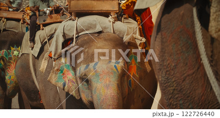Jaipur, Rajasthan, India. Elephant Driver Sits On Elephant Walking Along City Street. Elephants Painted With Colorful Paints And Patterns. Busy Traffic On Narrow Street. Elephant Ride Is Tourist 122726440