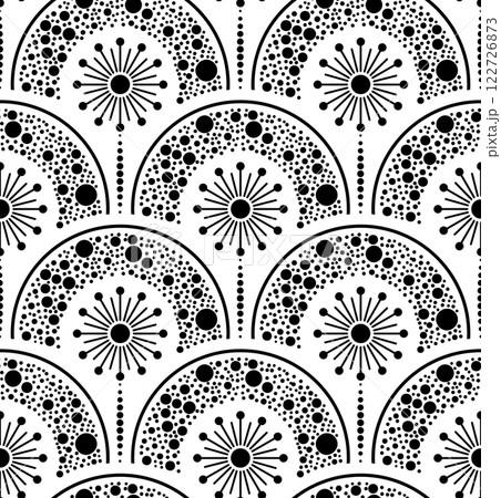 Seamless pattern with abstract flowers and polka dot arc Seamless pattern with abstract flowers and polka dot arc 122726873