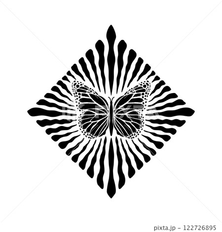 Monochrome butterfly design with radial lines  122726895