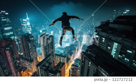 Young man jumps from the roof, Parkour or base jumping trick of an action stuntman. Generated AI. 122727212