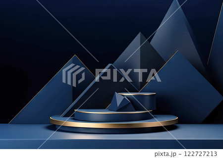 Dark blue pedestal in black room with geometric shapes. Podium for product showcase. Generated AI. 122727213