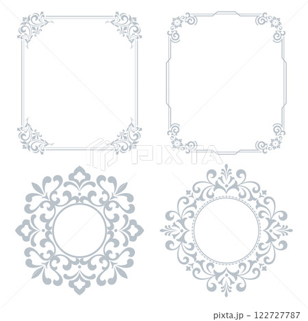 Set of decorative frames Elegant vector element for design in Eastern style, place for text. Floral gray and white borders. Lace illustration for invitations and greeting cards Set of decorative frames Elegant vector element for design in Eastern style, place for text. Floral gray and white borders. Lace illustration for invitations and greeting cards 122727787