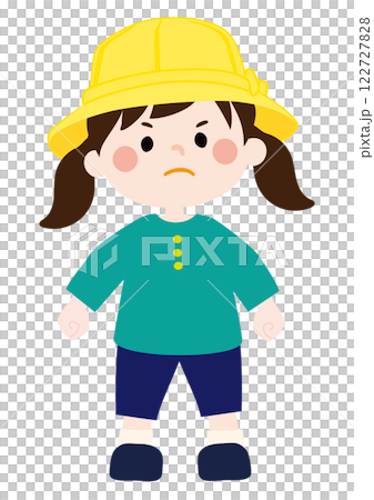 Vector illustration of a girl in a yellow hat protesting in a bad mood Vector illustration of a girl in a yellow hat protesting in a bad mood 122727828
