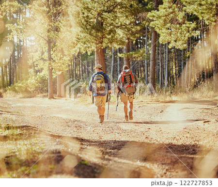 Friends or hikers hiking in a forest in nature on a dirt trail outdoors on a sunny summer day near trees. Active and fit men or tourists trekking or walking while on an adventure in the woods Friends or hikers hiking in a forest in nature on a dirt trail outdoors on a sunny summer day near trees. Active and fit men or tourists trekking or walking while on an adventure in the woods 122727853