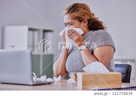 flu, covid and sick corporate employee suffering with a cold or flu, working on laptop, blow nose or sneezing in an office. Young assistant experience allergy, sinus, illness or disease symptoms flu, covid and sick corporate employee suffering with a cold or flu, working on laptop, blow nose or sneezing in an office. Young assistant experience allergy, sinus, illness or disease symptoms 122728034