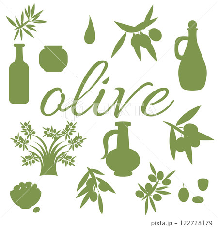 Set of illustrations on the theme of olives. Vector illustration isolated on white background. Set of illustrations on the theme of olives. Vector illustration isolated on white background. 122728179