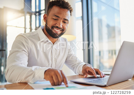 Stock market, accounting and fintech business man happy with company profit and statistics analysis data. Smile of a corporate accountant working on a laptop with financial software app and paperwork Stock market, accounting and fintech business man happy with company profit and statistics analysis data. Smile of a corporate accountant working on a laptop with financial software app and paperwork 122728259