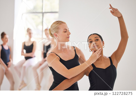 Creative, art and strict ballet dancers performing dance with support and dedication in school. Team of fit, elegant and classic women ballerinas dancing or training to perfection for theater concert 122728275