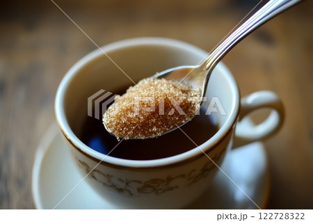 Person adding cane sugar with a spoon to cup of fresh aromatic coffee. Close up of teaspoon putting brown sugar into hot steamed drink mug. Sugar Being Poured into Cup of Coffee Americano, Close-Up 122728322