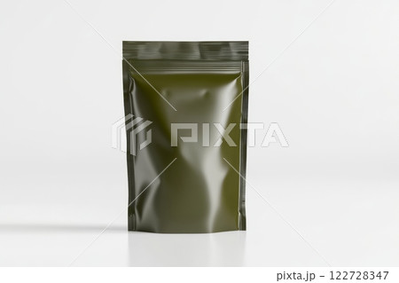 Mock up of one dark green foil zip bag on a white desk and wall background. For your design, presentation, promo, logo. Blank empty ziplock bag, space for brand name. Empty packaging, clipping path 122728347