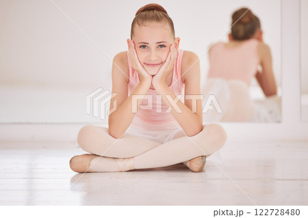 Ballet, smile girl thinking on floor of creative dance studio dreaming to become professional ballerina. Education, student and training child for art and fitness dancing in theater show performance Ballet, smile girl thinking on floor of creative dance studio dreaming to become professional ballerina. Education, student and training child for art and fitness dancing in theater show performance 122728480
