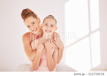 Portrait ballet teacher and child hug in studio with happy smile and support after training. Happy woman and girl after learning dance and creative theater art after practice lesson or training Portrait ballet teacher and child hug in studio with happy smile and support after training. Happy woman and girl after learning dance and creative theater art after practice lesson or training 122728516