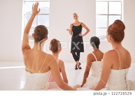 Ballet dance class, coach teaching or coaching and women learning professional dance in a studio. Young artist or girl students in training for a performance with dancing teacher Ballet dance class, coach teaching or coaching and women learning professional dance in a studio. Young artist or girl students in training for a performance with dancing teacher 122728529