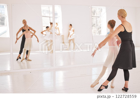 Ballet, student and teacher in dance studio training and motivation support looking in mirror at girl dancer. Creative, school and dancing center with kids learning elegant and artistic 122728559