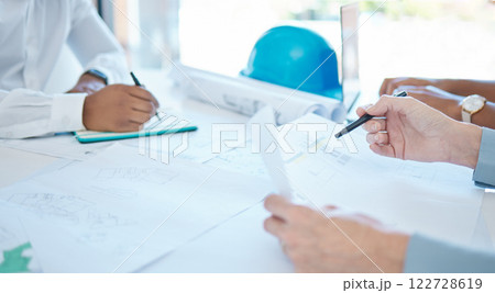 Hands of architecture blueprint design, 3d property construction building and engineering model planning. Creative team collaboration on floor plan sketch, drawing development and industrial project 122728619