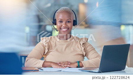 Call center, customer service and contact us support worker with laptop in busy office working on crm consulting. Smile portrait of happy receptionist, telemarketing woman or communication consultant 122728624