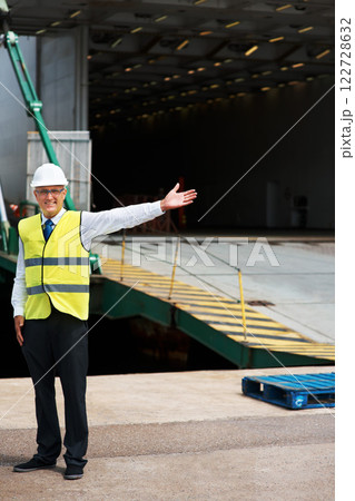 Cargo manager, logistics and shipping container at industrial plant. Warehouse supervisor points to stock courier will transport. Export service at factory for manufacturing goods, storage or retail. Cargo manager, logistics and shipping container at industrial plant. Warehouse supervisor points to stock courier will transport. Export service at factory for manufacturing goods, storage or retail. 122728632