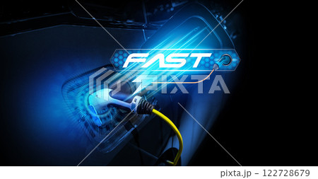 Power cable pump plug in charging power to electric vehicle EV car. 122728679