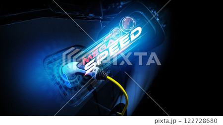 Power cable pump plug in charging power to electric vehicle EV car. 122728680