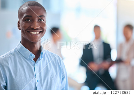 Portrait of smiling face of business man working at corporate company, leadership of African businessman in meeting at office. Black manager, employee or worker proud of startup and teamwork 122728685