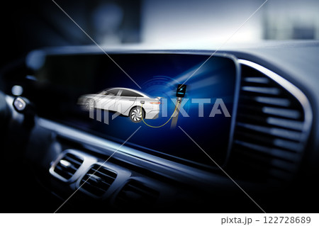 Electric car display screen that is showing the display of electric charging. Electric car display screen that is showing the display of electric charging. 122728689