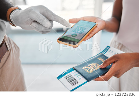 Covid travel passport, digital qr code certificate on phone for vaccine health and airport security identity document. Refugee and passenger immigration with mobile app for corona virus safety data. 122728836